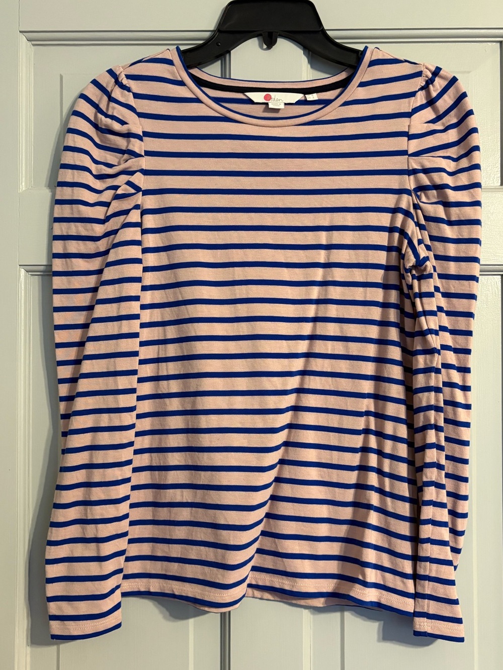 Boden Size 2 Pink and Blue Striped Long Puff Sleeve Cotton Top